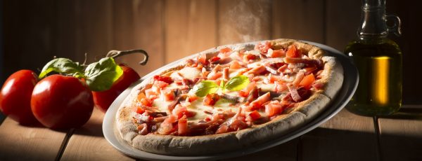 Pizza Pizza with bacon on the wooden table